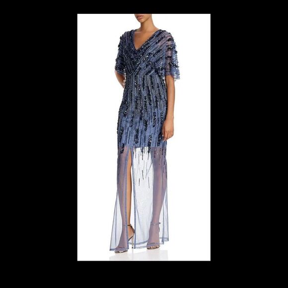 Women’s Formal Dress AIDAN MATTOX Size 10 Blue Beaded Short Sleeve AUTHENTIC NEW - Picture 3 of 11
